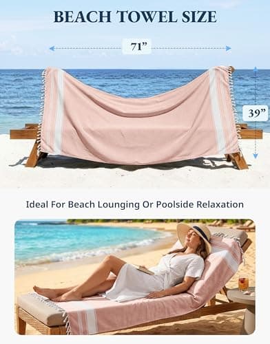 LANE LINEN Turkish Towels, Cotton Rich XL Beach Towel 2 Pack, Pre-Washed, No Shrink, Quick Dry Oversized Beach Towels, Stylish Beach Towel For Women, Sand Free Towel, 39"x71" - Quartz Pink — view 4