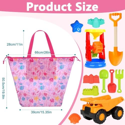 LAHAQIQI Extra Large Mesh Beach Toy Tote Bag with Drawstring- Foldable Lightweight Swimming Travel & Summer Essentials for Women Kids (Rose Red Seashell) — view 2
