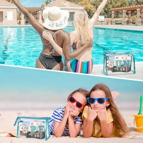 COSHAYSOO Clear Makeup Bag Preppy Sunscreen Skin Beach Travel Zipper Pouch Cosmetic Stuff Make Up Organizer for Women Teen Girls, Trendy Cute Chenille Letter Patch Small Waterproof Purse (Blue Sun) — view 5