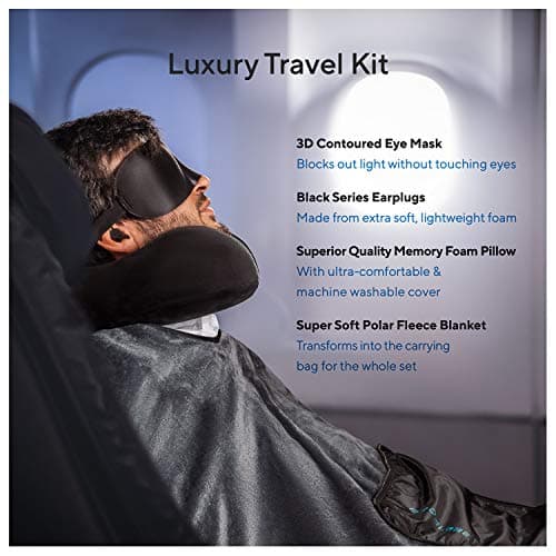 Proglobe Travel Blanket Luxury Travel Set, Ergonomic Airplane Neck Pillow 100% Memory Foam and Super Soft Fleece Blanket, Premium 3D Sleep Mask & Earplugs, Black — view 2
