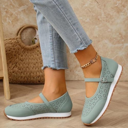 Women's Vintage Perforated Mary Jane Sneakers Chic Buckle Loafers Breathable Walking Shoes for Travel and Weekend Trips Light Green — view 5