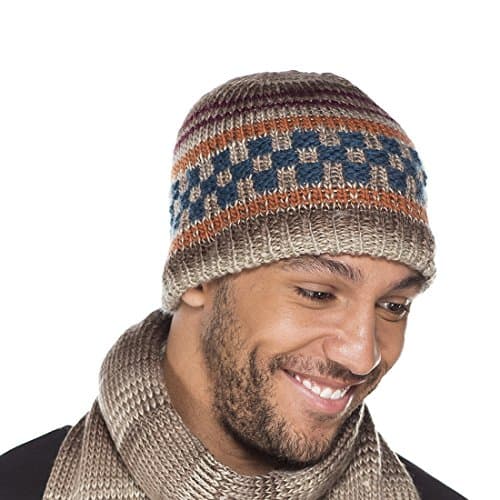 Men's Knit Block Pattern Fleece Lined Warm Beanie Hat & Scarf (Hat)