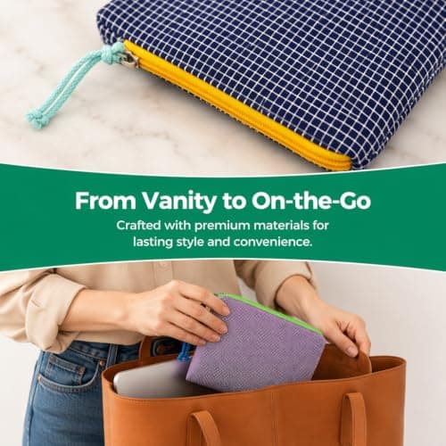 4PCS Linen Cotton Plaid Makeup Pouch, Contrast Zip Pouches for Handbags, Compact Cosmetic Bag, Lightweight Travel Pouch, 16×21cm Storage Organiser for Skincare Stationery Toiletry Essentials — view 2