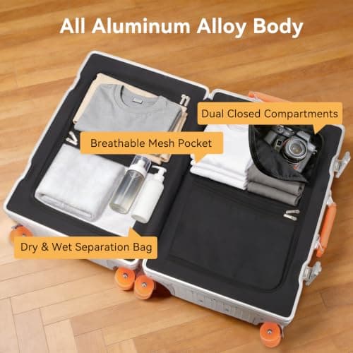 22x14x9 inch Zipperless Cabin Suitcase, 22 Inch 100% All Aluminum Shell Carry-on Suitcase, 56x36x22cm Aluminum Luggage Cabin, Aluminium Zipperless Carry On Luggage with Skate-Grade PU Wheels,TSA Locks — view 5