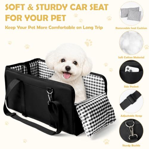 Wood Homing Dog Car Seat for Small Dog - Waterproof Center Console Pet Car Travel Booster Carrier Bed Detachable with Seat Belt Harness Restraint Thick Cushion for Puppy Cat Seats Protector (Black) — view 3