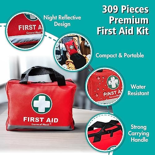 General Medi First Aid Kit -309 Pieces- Reflective Bag Design - Including Eyewash, Bandages, Moleskin Pad and Emergency Blanket for Travel, Home, Office, Car, Camping, Workplace — view 5