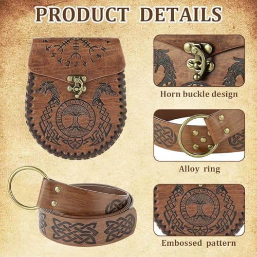 AYBUY Medieval Viking Belt Bag Sets, Medieval Viking Belt with Leather Pouch, Renaissance Accessories for Cosplay Halloween World Book Day Dress up Party(Brown, Style A) — view 3