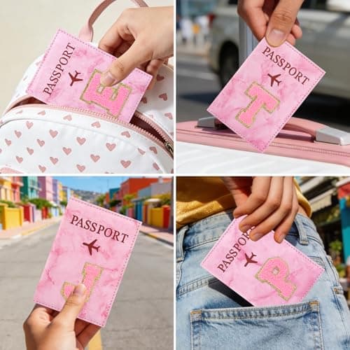 ILIYAH Personalized Initial Passport Holder – Pink Marble Chenille Letter, Waterproof PU Leather Passport Cover, Cute Travel Gift for Women and Girls — view 5