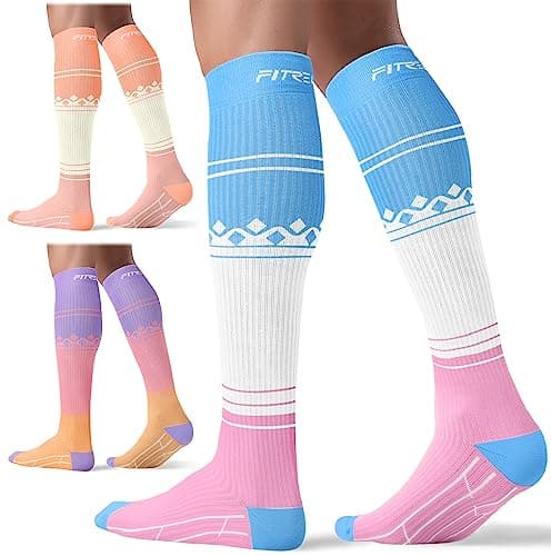 FITRELL 3 Pairs Compression Socks for Women and Men 20-30 mmHg Travel Flight Socks Medical Knee High Socks for Sport, Flying, Carers, Nurse, Pregnant Women, Varicose Veins, Cream, S/M