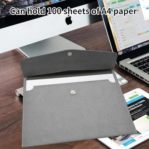 YMWALK A4 Document File Folder Wallet,PU Leather Portable and Waterproof Document Holder Organizer Envelope File Storage Bag for Business,Travel,Office, Home,and School Use (Grey) — view 4