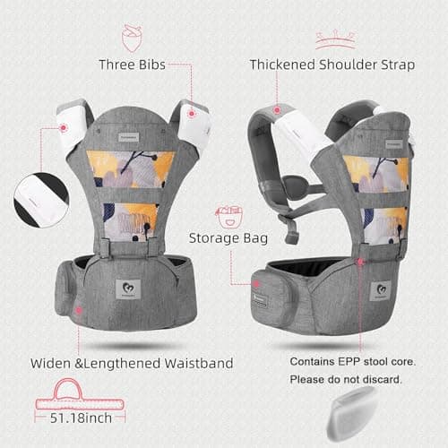 Baby Carrier, Bellababy Multifunction Baby Carrier Hip Seat (Ergonomic M Position) for 3-36 Month Baby, 6-in-1 Ways to Carry, All Seasons, Adjustable Size, Perfect for Shopping Travelling, Grey — view 2