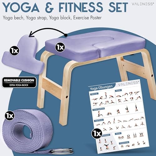 VALENESS® Yoga Headstand Stool - Premium Quality Yoga Stool Including Yoga Strap, Yoga Block & Exercise Poster - Yoga Chair for Handstand Exercise Made of Solid Natural Wood (Violet) — view 3