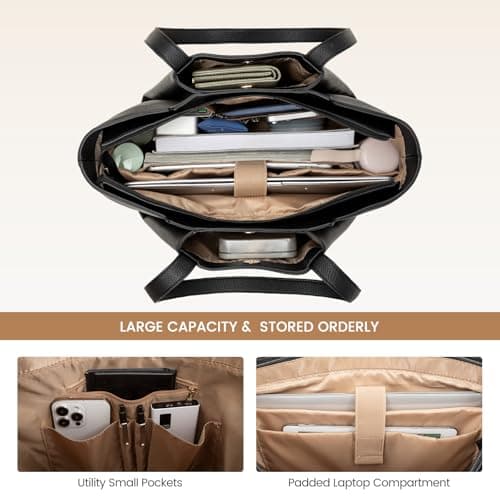 LOVEVOOK Laptop Bags for Women, 17.3 inch Handbags Tote Bags with Compartments, PU Leather Shoulder Work Bag Ladies Handbags with Purse for College Office Business Shopping, Black — view 4