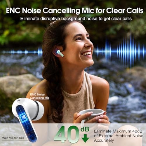 Csasan Wireless Earbuds, Bluetooth 5.3 Headphones HiFi Stereo, 40H Playtime, Wireless Earphones with ENC Noise Cancelling Mic, IPX7 Waterproof Bluetooth Earbuds LED Display, Touch Control, Green — view 3