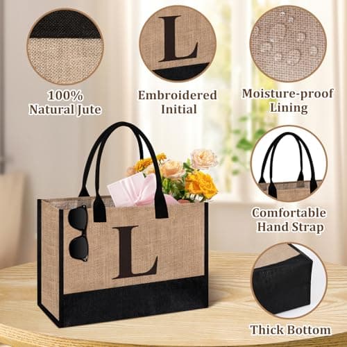 Tecanne Initial Jute Tote Bag & Makeup Bag, Birthday Gifts for Women Her Mum Teacher, Suitable for Wedding, Beach, Holiday (L) — view 3