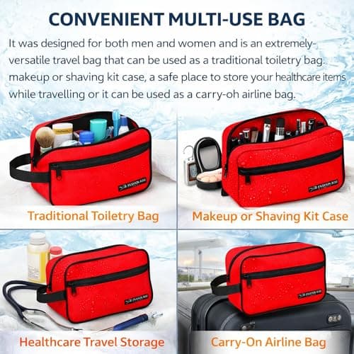 Water-Resistant Toiletry Bag for Men & Women - Lightweight Travel Wash Bag with Multiple Compartments, Compact Dopp Kit Cosmetic Organizer, Durable Nylon Shaving & Makeup Storage Case (Red) — view 6