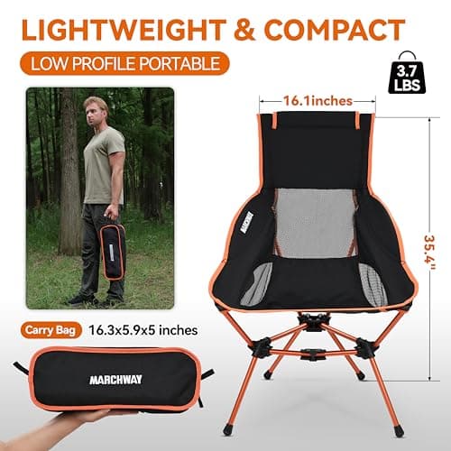 MARCHWAY Lightweight Folding High Back Camping Chair with Head Support, Stable Portable Compact for Outdoor Camp, Travel, Beach, Picnic, Festival, Hiking, Backpacking (Orange) — view 3