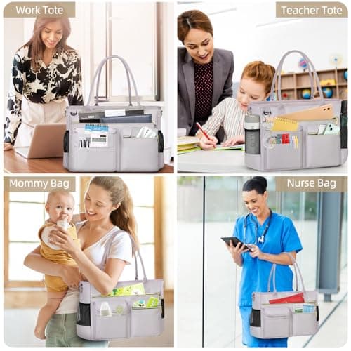RAINSMORE Laptop Tote Bags for Women 15.6 inch Teacher Bag Large Nurse Utility Bag Computer Messenger Briefcase with Insulated Pocket for Work School Office Business University Grey Pink — view 2