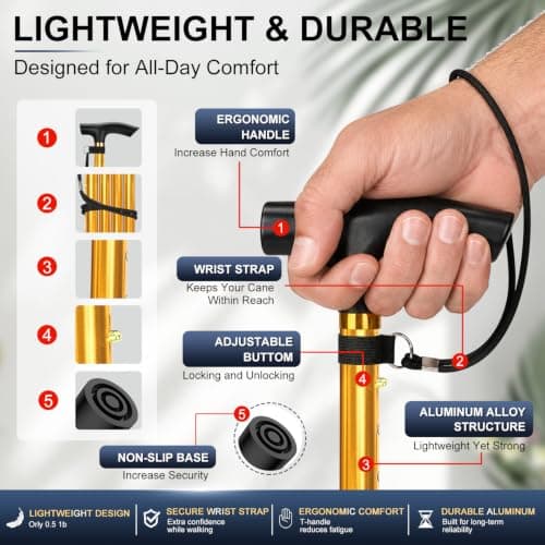 supregear Walking Stick - Adjustable Folding Walking Sticks for Women and Men - Lightweight Portable Collapsible Balancing Aid - Foldable Travel Cane for Ladies Elderly Adults, Gold — view 5