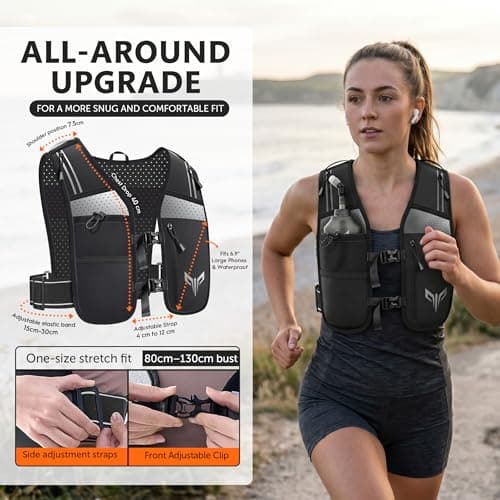 LED Running Vest for Men & Women with Phone Holder & 500ml Water Bottles - Reflective Lightweight Running Hydration Vest for Night Running, Marathon, Trail, Cycling (Black A, One Size) — view 6