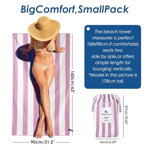 Muztaga Microfibre Beach Towel - Sand Free, Quick Dry, Large 160 x 90 cm Striped Pool Towels for Adults & Kids, Lightweight Compact Travel Towel with Bag for Holiday & Gym (Pink) — view 2