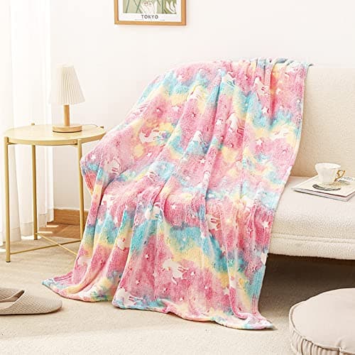 Hileyu Glow in the Dark Blanket, 120x150cm Soft Flannel Fleece Blanket for Kids, Rainbow Unicorn Pink — view 6