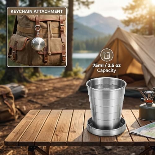 OWATRKDEY 1 Pack Stainless Steel Collapsible Cup, Portable Folding Shot Glass with Lid & Keychain, Compact Travel Cup for Camping, Hiking & Outdoor Use (Silvery, 2.5 oz / 75 ml) — view 4