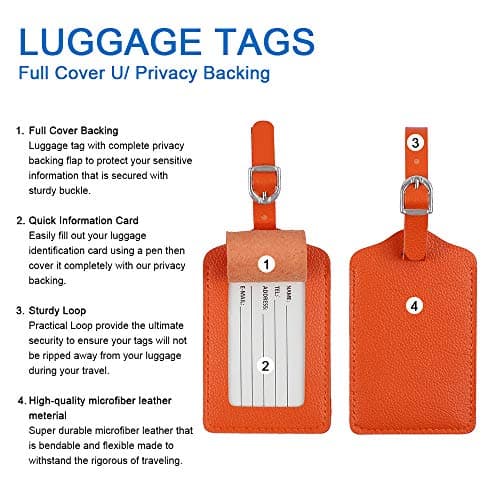 Luggage Tags, Microfiber Leather Personalized Suitcase Tag Set Luggage id Tags Labels Travel Accessories-Set of 4(Orange) — view 4