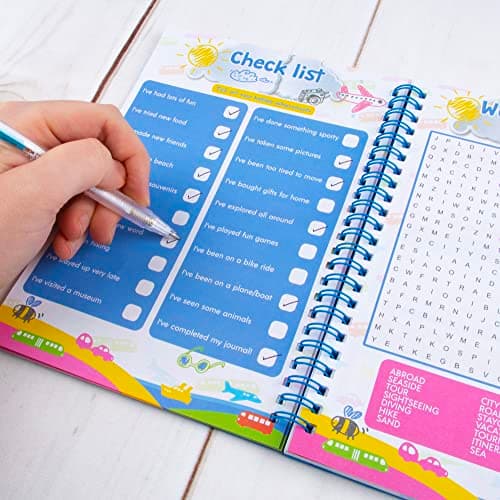 abeec Kids Holiday Journal with Pen | Travel Essentials for Kids Aged 6+ | Summer Activity Book with Puzzles Checklists & Games | 16 Activity Sheets & 34 Lined Pages | Plane Car & Caravan Fun — view 4