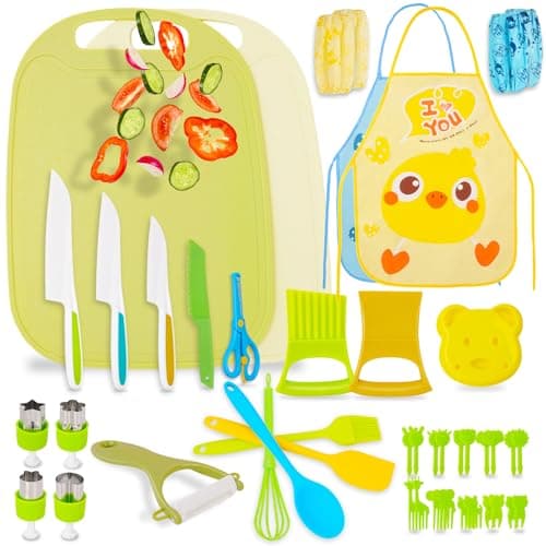 BEBOAN Kids Cooking Set, 43 Pieces, Kids Knife Set for Chopping, Mini Chef Set, Age 2-8, Kitchen Utensils with Safe Knife, Crinkle Cutter, Cutting Board