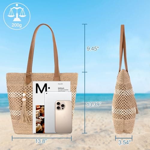 CorkAllin Straw Beach Tote Bag for Women - Woven Raffia Summer Bag, Lightweight Foldable with Zipper Pocket for Travel Picnic Shopping (A-Brown) — view 4
