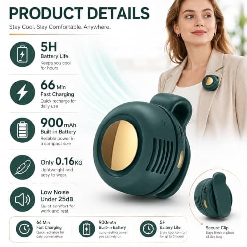 XPJBKC Clip on Fan for Clothes, Small Portable with 3 Speeds, Green | Clip On Mini Bladeless Fan, Rechargeable Hands Free, Whirlwind Clip Waist Neck Fan, for Outdoor Travel Office Household — view 5