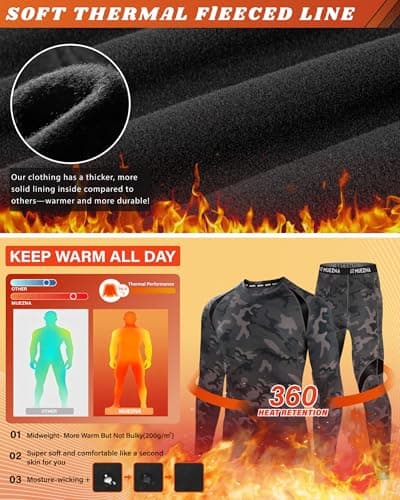 Muezna Men’s Long Johns Thermal Underwear Set, Top and Bottom Underwear Base Layer Soft Fleece Lined Camouflage — view 2