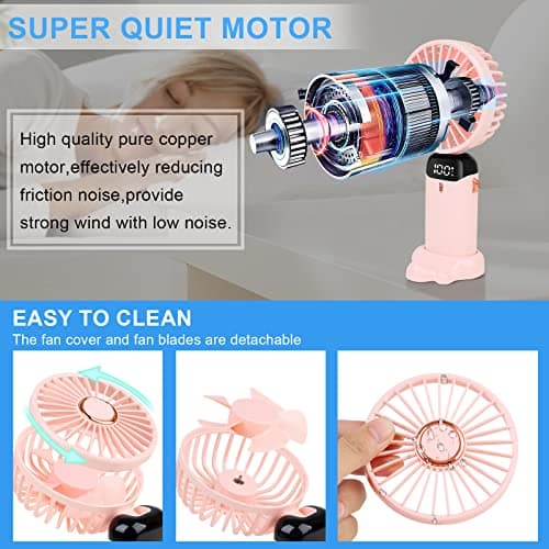 LYMYBETY Portable Handheld Fan, 4000mAh Mini USB Rechargeable Fan with Digital Display, Small Personal Pocket Fans with 5 Speeds, Hand Held Fans with Lanyard and Base for Home Travel (Pink) — view 5