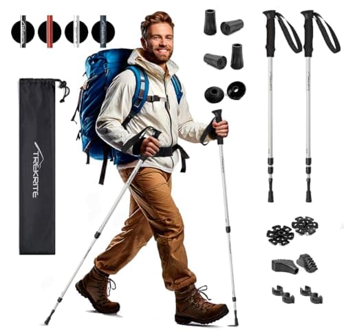 Trekrite Telescopic Walking Poles Set, Collapsible Hiking Poles, 3-Section Anti Shock Trekking Sticks for Men & Women - Adjustable Hiking Sticks with Accessories from a UK Based Company - Silver