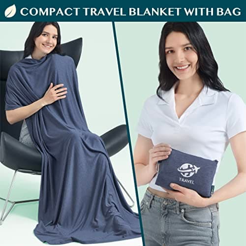 PAVILIA Travel Blanket Compact, Airplane Packable Bag, Soft Fleece Portable Throw Pillow Combo Set, Plane Flight Car Trips Essentials Gift Accessories, Luggage Backpack Clip, Navy Blue, 65 x 40 inch — view 2