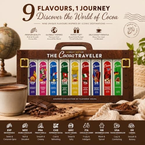 Cocoa Traveler Hot Chocolate Gift Set - 9 Hot Chocolate Drink Flavors from Different Countries in a Luggage Gift Set. Great for Christmas Gift for Kids, Birthday Gifts who Loves Travel — view 3