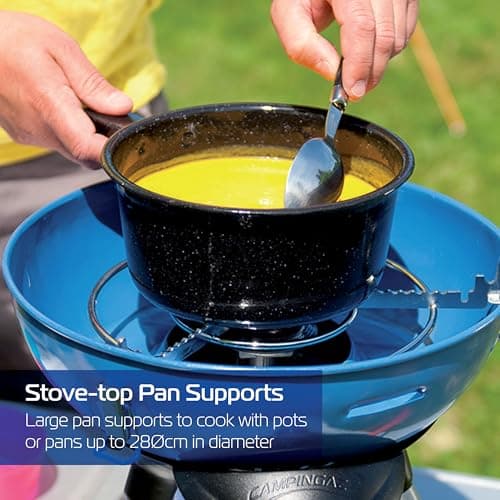 Campingaz Party Grill 200 CV, portable camping BBQ with various cooking options, gas camping stove and BBQ in one, with non-stick grilling plate and pan support, Blue — view 3