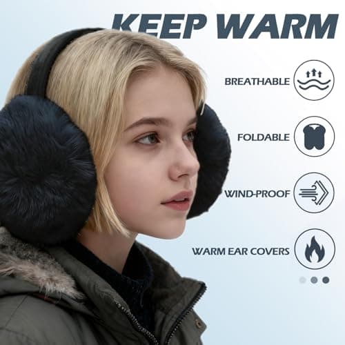 IHCEMIH Ear Muffs, Women Earmuffs Winter Accessories Fluffy Plush Foldable Adults Outdoor Thermal Ear Warmer Skiing Running Ears Covers Protector from Wind Cold Ladies Fashion Gift 2 Pack Grey Black — view 3