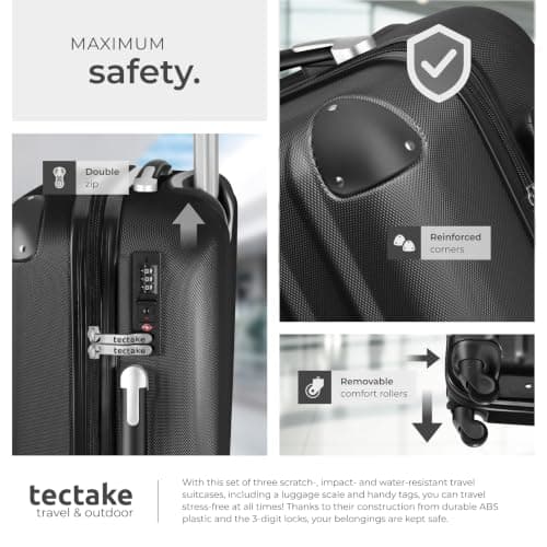 tectake® 3-Piece Hard Shell Suitcase Set in Durable & Shock-Resistant ABS with 3-Step, Telescopic Handles, Combination Locks, Smooth 360° Wheels, Luggage Scale & Tags, Dividable Interiors - Black — view 5