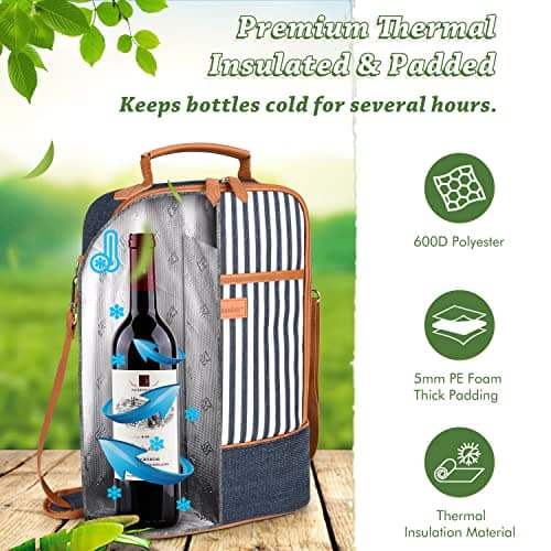 Kato Tirrinia Insulated 2 Bottle Wine Cooler Bag - Wine Cooler Tote Carrier for Picnic, Beach, Wine Lover Gift, Denim Stripe — view 3