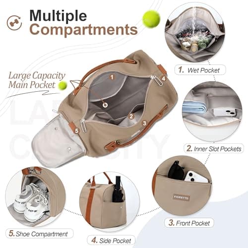 FIORETTO Womens Gym Sports Bag Travel Bag with Shoes Compartment & Wet Pocket, Weekend Overnight Duffle Hospital Bag Carry On Holdall for Travel Swimming Khaki — view 2