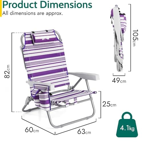 Trail Low Reclining Beach Chair, 4 Positions, Purple Stripes — view 2