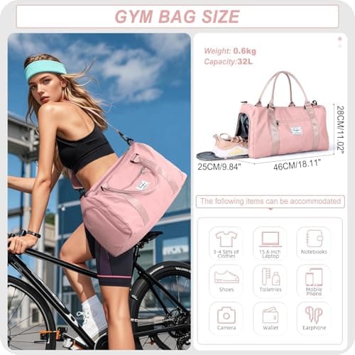 HYC00 Gym Bags Women Men Sports Duffle Bag with Shoes Compartment & Wet Pocket,Travel Duffel Bags for Women Large Weekend Overnight Holdall for Hospital Swimming Carry on Hand Luggage Bags,Pink — view 2