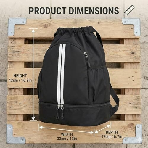Black Unisex Drawstring Backpack with Shoe Compartment, Water Resistant — view 2