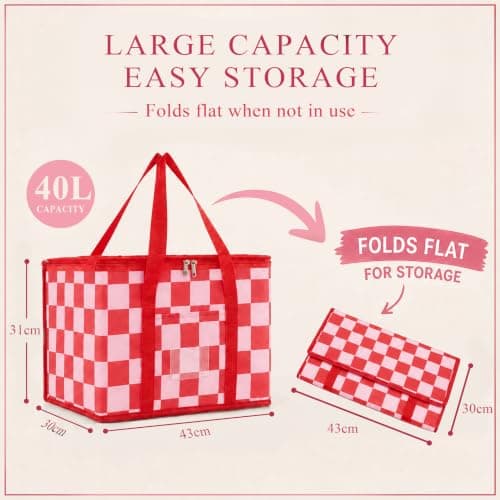 Ohocut Checkered Cooler Bag, Large 40L Foldable Insulated Grocery Shopping Bag, Checkerboard Cool Insulated Food Delivery Bag for Picnic, Camping, Travel (Double Pink) — view 6