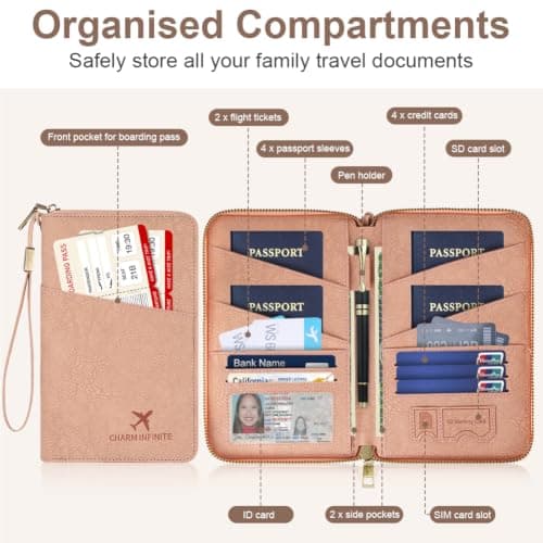 AOOSU Travel Wallet, Family Passport Holder, RFID Blocking Travel Accessories Document Organiser, Travels Document Holder for Tickets Waterproof Cover Holiday Essentials Case for Man & Woman Pink — view 5