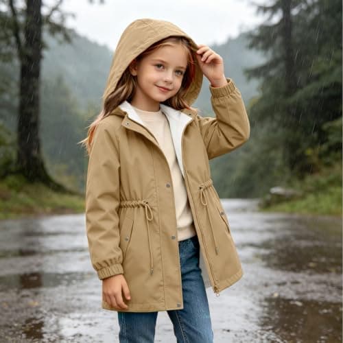 Khaki Girls Waterproof Jacket Windproof Hooded Raincoat Outdoor 13 Years — view 3