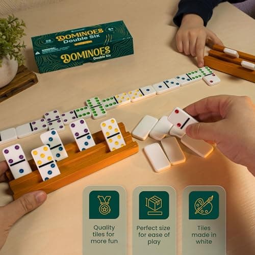 Dominos Set for Adults with Colored Dots - Double 6 Dominoes Set is a Classic Board Games for Kids and Adults - Double Six Standard Dominos Set 28 Tiles — view 6