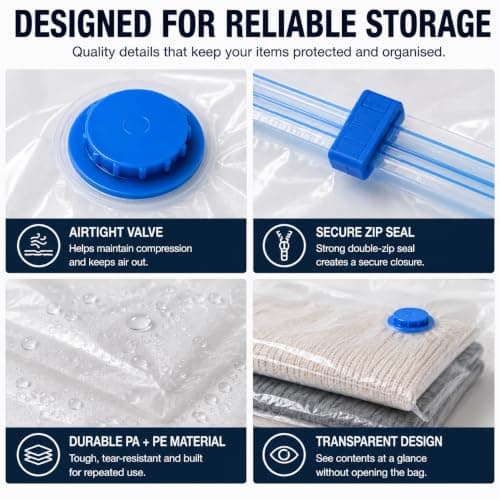 NEXURGE Vacuum Storage Bags with Hand Pump, 5 Pack 50 × 70 cm, Airtight Compression Space Saver Bags for Clothes, Bedding, Wardrobe, Travel & Luggage, Clear — view 4